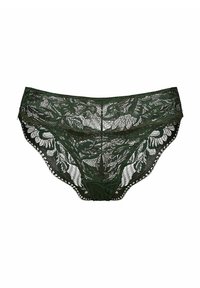 Koronkowe majtki w ciemnozielonym kolorze, zdobione kwiatowym wzorem, o przezroczystej teksturze, ze falbaniastymi krawędziami i szerokim pasem w talii dla większego komfortu.