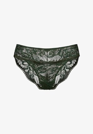 Koronkowe majtki w ciemnozielonym kolorze, zdobione kwiatowym wzorem, o przezroczystej teksturze, ze falbaniastymi krawędziami i szerokim pasem w talii dla większego komfortu.