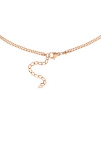 Collana in oro rosa con doppio design della catena, chiusura a moschettone e un link decorativo all'estremità. Texture liscia, design minimal.