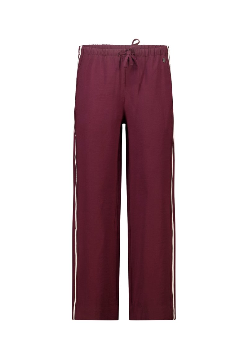Bordeaux wijde broek met een elastische tailleband, trekkoordsluiting en witte zijstrepen voor extra detail. Zachte stoftextuur.