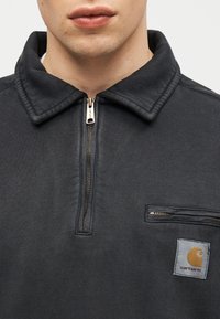Ung person iført mørkegrå quarter-zip sweatshirt med spids krave, lynlåslomme og Carhartt-logo på brystet.