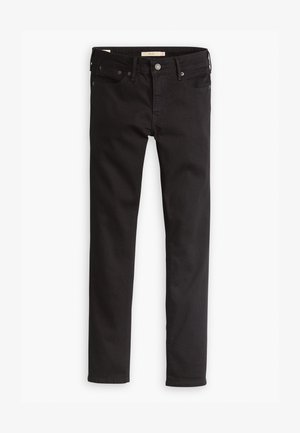 Jeans en denim noir avec une coupe slim, design à cinq poches et fermeture à bouton en métal. Texture lisse, sans motifs ou accents visibles.