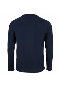 Langärmliges navyblaues T-Shirt aus Baumwolle, mit rundem Halsausschnitt, genähtem Saum und taillierten Ärmeln. Schlichtes Design, keine Muster oder Akzente.
