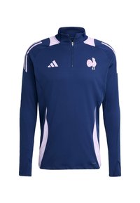 Mornarska atletska majica s polu-zipom, s bijelim i ružičastim akcentima, logom pijetla i dugim rukavima izrađenim od prozračnog materijala.