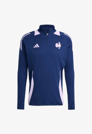 Navy athletic pullover with half-zip, featuring white and pink accents, a rooster logo, and long sleeves made from breathable fabric.