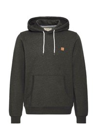 Dark gray pullover hoodie with white drawstrings, front kangaroo pocket, ribbed cuffs, and a small brown patch logo on the chest.