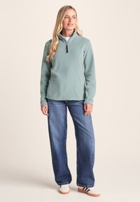 Woman with long blonde hair wearing a light blue quarter-zip fleece, wide-leg blue jeans, and white sneakers standing on a beige background.