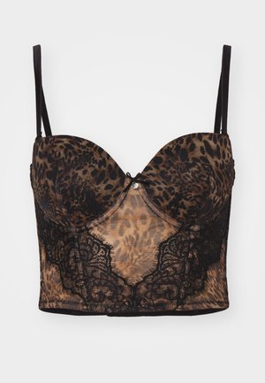 Schwarzer und beiger Leopardenmuster-BH mit Spitze, Unterdrahtunterstützung und verstellbaren Trägern; verfügt über eine kleine Schleifen-Applikation in der Mitte.