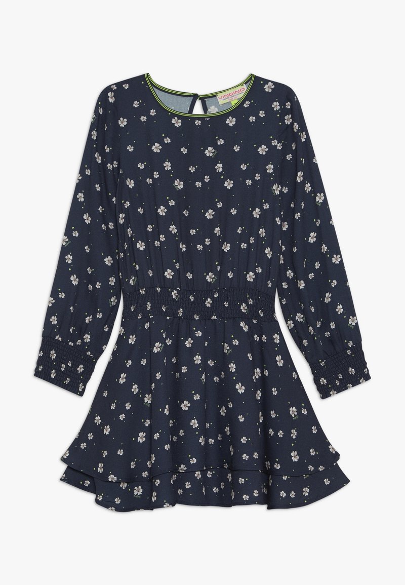 Robe à manches longues bleu marine avec motif floral blanc, taille et poignets smockés, ourlet de jupe à couches et encolure ronde avec ouverture en forme de goutte dans le dos.