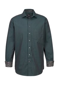 Camicia antracite con bottoni, dotata di taschino sul petto, con polsini e attacco del colletto a fantasia floreale, e bottoni argentati. Vestibilità classica e materiale in misto cotone.