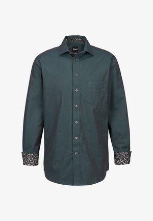 Camicia antracite con bottoni, dotata di taschino sul petto, con polsini e attacco del colletto a fantasia floreale, e bottoni argentati. Vestibilità classica e materiale in misto cotone.