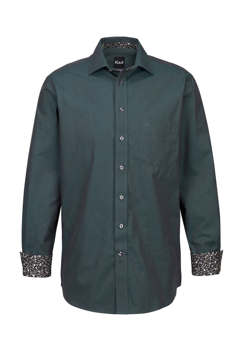 Camicia antracite con bottoni, dotata di taschino sul petto, con polsini e attacco del colletto a fantasia floreale, e bottoni argentati. Vestibilità classica e materiale in misto cotone.