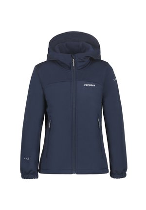 Veste softshell bleu marine avec capuche, zip frontal, deux poches latérales et poignets élastiques pour un ajustement confortable. Comprend un logo sur la poitrine et la manche.