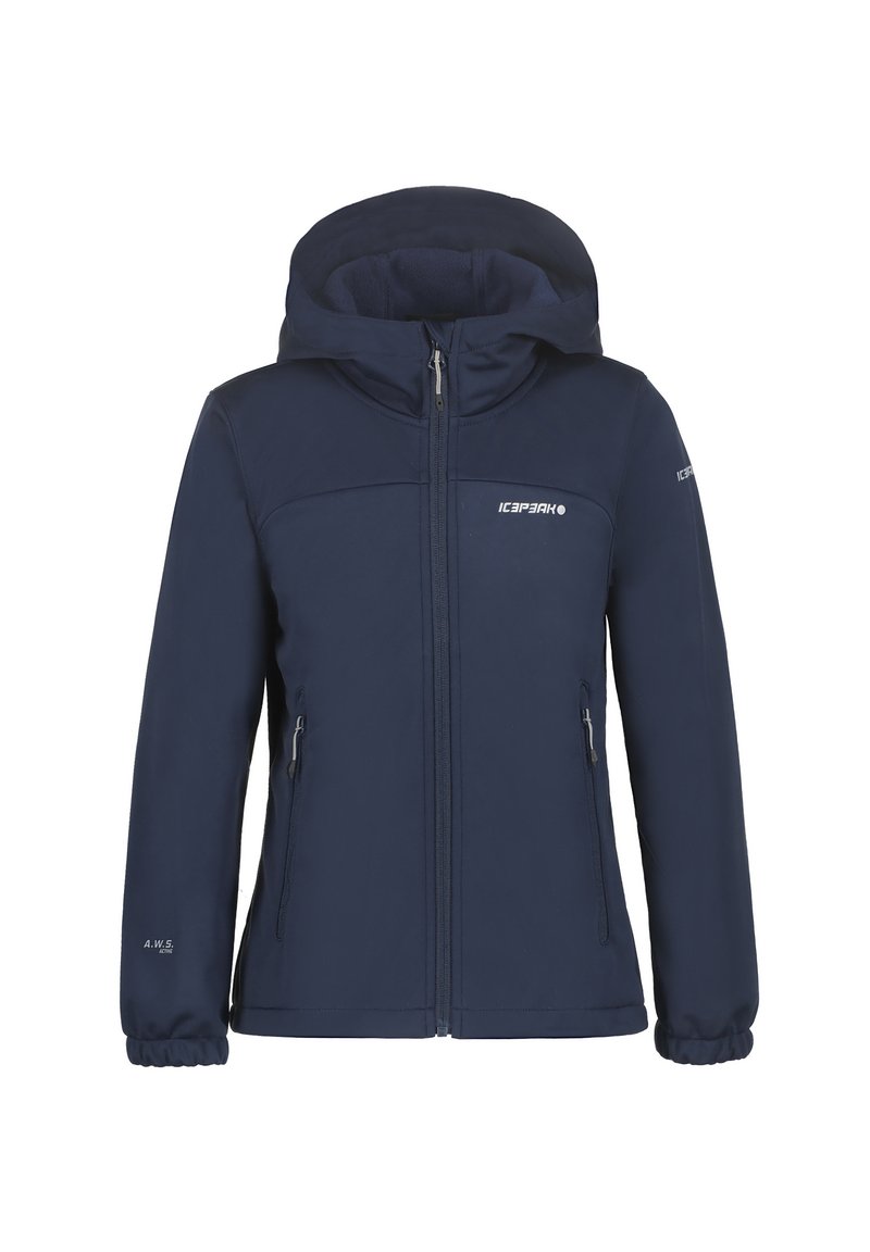Granatowa kurtka softshell z kapturem, z zamkiem z przodu, dwoma bocznymi kieszeniami i elastycznymi mankietami dla lepszego dopasowania. Zawiera logo na piersi i rękawie.