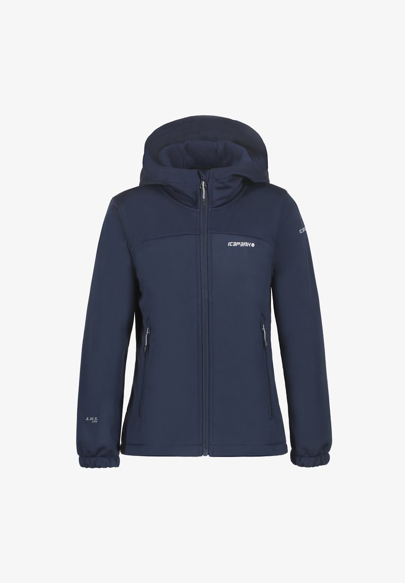 Marineblaue Softshell-Jacke mit Kapuze, Reißverschluss vorne, zwei seitlichen Taschen und elastischen Bündchen für einen engen Sitz. Mit Logo auf der Brust und dem Ärmel.