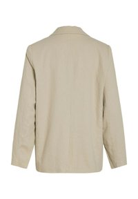 Beige blazer met een gekleed kraag, lange mouwen en een ontspannen pasvorm. Gemaakt van gestructureerde stof met een gladde afwerking, zonder zichtbare sluitingen.