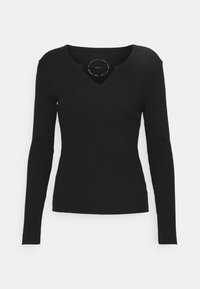 Schwarzes Langarm-T-Shirt aus Rippstoff, mit einem runden Ausschnitt und einem kleinen Ausschnitt in der Mitte.
