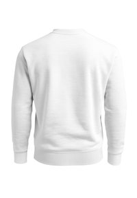 White sweatshirt with a crew neck, long sleeves, ribbed cuffs, and a textured finish. Smooth, soft fabric with no visible logos or patterns.