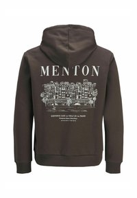 Brauner Kapuzenpullover mit einem grafischen Druck von Gebäuden und Palmen auf der Rückseite, mit dem Wort "MENTON" oben. Aus Baumwollmischung.