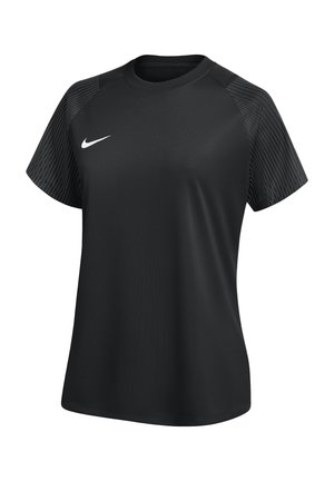 Czarna sportowa koszulka z krótkim rękawem, z wzorzystymi ramionami i białym logo Nike Swoosh na lewej piersi, z okrągłym dekoltem.