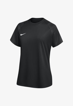 Sort kortærmet sportstrøje med mønstrede skuldre og hvid Nike Swoosh-logo på venstre bryst, rund halsringning.