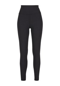 Leggings neri a vita alta realizzati in tessuto elastico. Presentano una texture liscia, un design aderente e una costruzione senza cuciture. Nessun motivo o hardware.