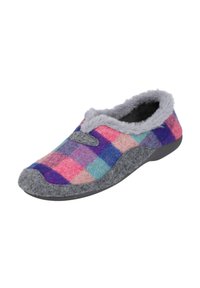 Zapatilla de felpa con un patrón a cuadros multicolor en rosa, azul y púrpura, con un forro gris suave y una suela texturizada gris.