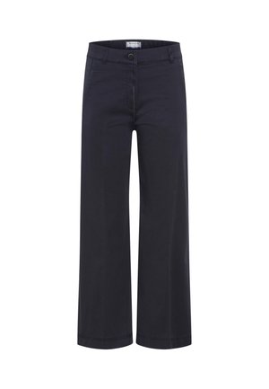 Marineblaue Hosen mit weitem Bein, Vorderknopf und Reißverschluss, Gürtelschlaufen und seitlichen Vordertaschen.