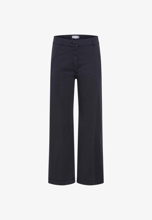 Pantalon large bleu marine avec bouton et fermeture éclair à l'avant, passants pour ceinture et poches latérales avant.