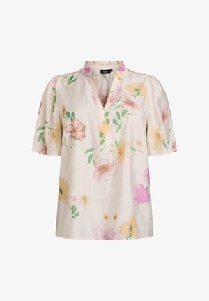 Kreemjas lühikeste varrukatega pluus roosa, kollase ja rohelise lillimustriga, volangikaeluse ja nööpidega esikinnitusel.