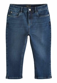 Mörkblå denim capri-byxor med midjehöjd, guldaccenter på fickorna och en rak skärning som slutar strax under knäet.