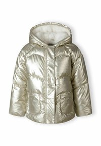 Veste doudoune métallique dorée avec capuche, présentant une surface texturée, deux poches avant et une douce doublure en molleton blanc.
