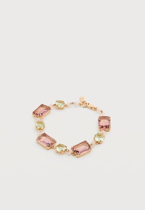 Gold bracelet with alternating rectangular pink and oval light green gemstones linked by small gold settings.
