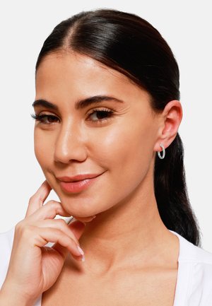 Silberne Creolen mit einer glatten, polierten Oberfläche. Das Modell hat schulterlanges, dunkles Haar und minimales Makeup und berührt ihr Kinn.