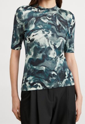 Short-sleeved top made of blended fabric featuring a blue, green, and white abstract pattern; round neckline, fitted design.