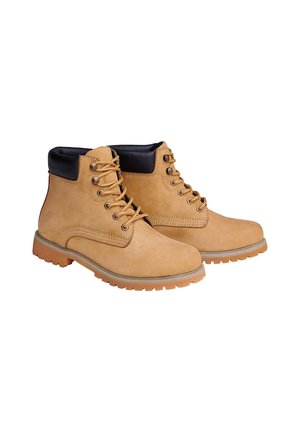 Paire de bottes de travail en cuir fauve à lacets avec col rembourré noir et semelles épaisses en caoutchouc sur fond blanc.