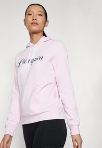 Hanorac roz deschis cu buzunar frontal, având logo-ul "Champion" în albastru închis. Mâneci lungi cu mansete ribbate, material din bumbac moale.
