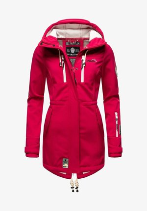 Chaqueta impermeable rosa con capucha, bolsillos con cremallera, cintura con cordón y forro interior suave. Presenta parches con el logo y detalles en contraste.