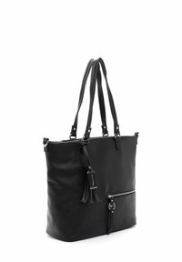 Schwarze Ledertasche mit doppelten Griffen, vorderer Reißverschlusstasche, Quastdetail und glatter Textur. Robuste Bauweise, geeignet für den täglichen Gebrauch.
