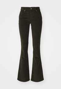 Pantaloni in velluto a coste svasati di colore verde scuro. Presentano tasche anteriori, chiusura con bottone e un tessuto morbido e testurizzato con motivo a coste.
