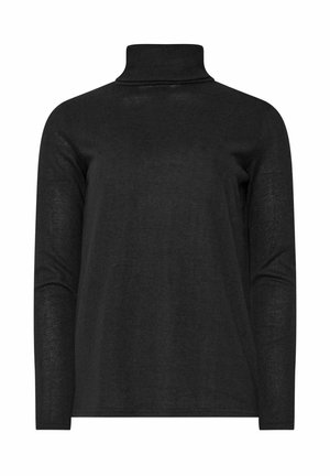 Jersey de cuello alto negro, de mangas largas, hecho de un tejido suave y texturizado, que presenta un escote alto y un corte relajado. Sin patrones ni acentos.