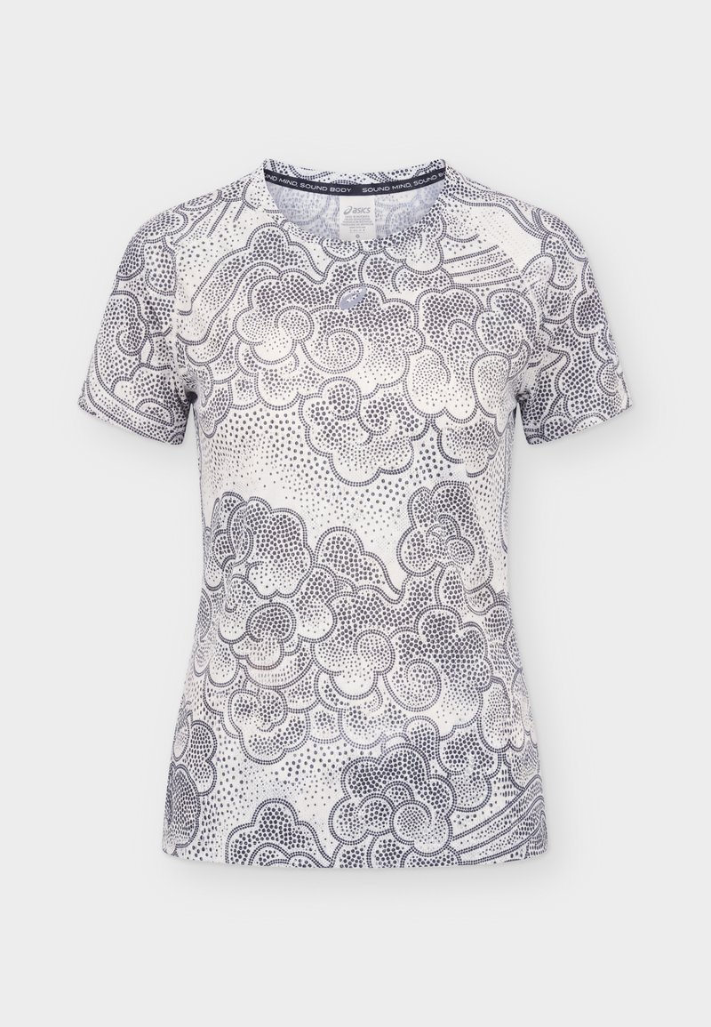 Weißes kurzärmeliges Sportshirt mit schwarzen gepunkteten abstrakten Wolkenmustern und einem kleinen grauen Asics-Logo auf der Brust.