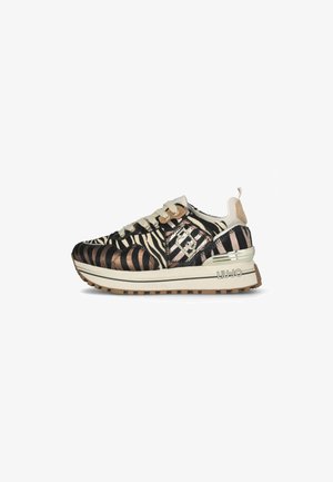 Sneaker nera e oro con motivo a zebra. Presenta una suola ammortizzata, lacci di colore chiaro e il marchio ''LIU JO'' sul lato.