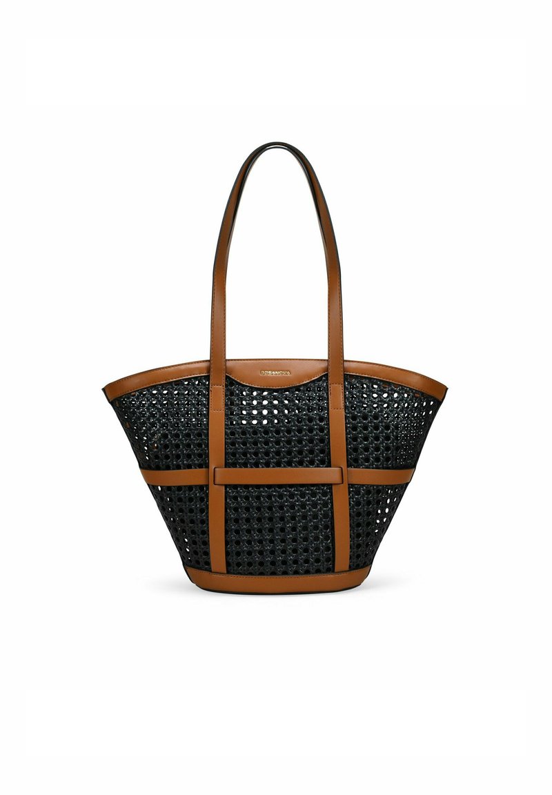Bolsa tote negra tejida con asas y detalles de cuero marrón, con un diseño recortado y forma estructurada. Interior resistente y espacioso.