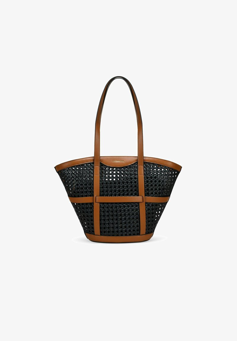 Bolsa tote negra tejida con asas y detalles de cuero marrón, con un diseño recortado y forma estructurada. Interior resistente y espacioso.