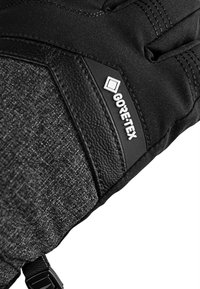Black gloves featuring a combination of textured fabric and leather, with a Gore-Tex logo emphasizing waterproof and breathable qualities.