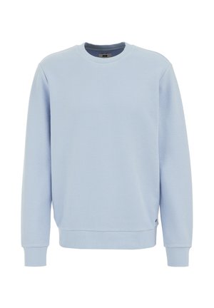 Světle modrý svetr s texturovaným vaflovým vzorem. Disponuje kulatým výstřihem a žebrovanými manžetami a lemem. Jednoduchý, neformální design.