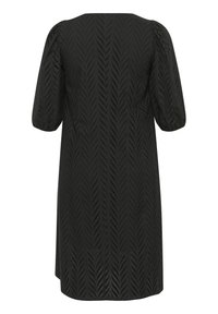 Robe noire avec de courtes manches bouffantes, présentant un motif texturé de découpes en zigzag. Coupe droite et design mi-long.