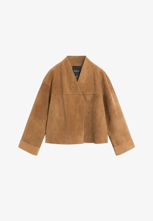 Braune, gekürzte Wildlederjacke mit weiten Ärmeln und umgeschlagenen Bündchen, mit V-Ausschnitt und ohne sichtbare Verschlüsse.