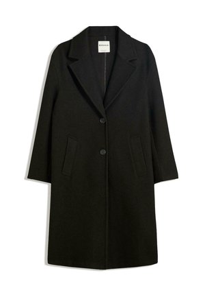 Abrigo negro de lana hasta la rodilla con cuello de solapa, dos botones y bolsillos laterales, presentado plano sin modelo.